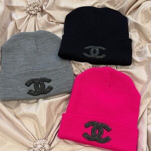 Designer inspired Chanel Women's Beanie Trio - Black, Gray, and Pink